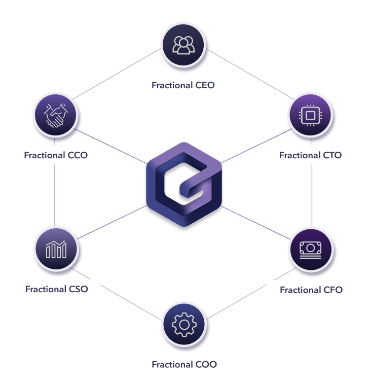 Diagram showing six fractional executive roles — CEO, CTO, CFO, CCO, CSO and COO — connected around a central Equity Connect Advisory mark